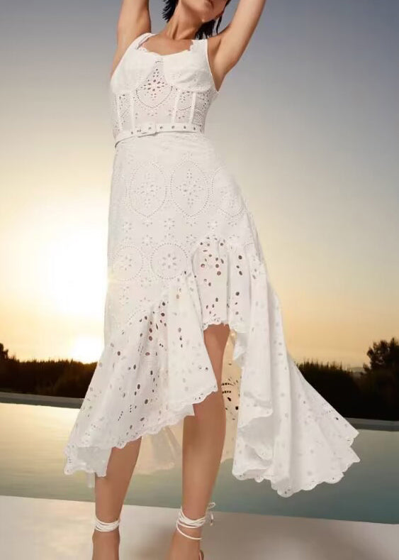 Sweet Flower Embroidered Asymmetrical Design Suspender Dress Summer