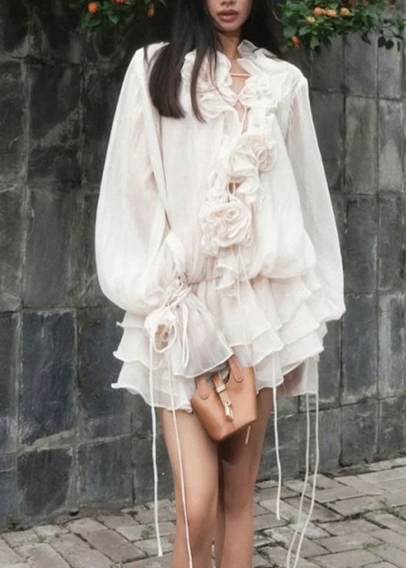 Sweet Flower Ruffled Lace Up Lantern Sleeve Dress