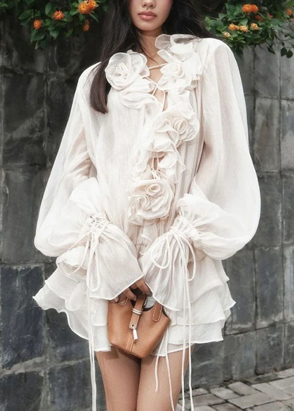 Sweet Flower Ruffled Lace Up Lantern Sleeve Dress