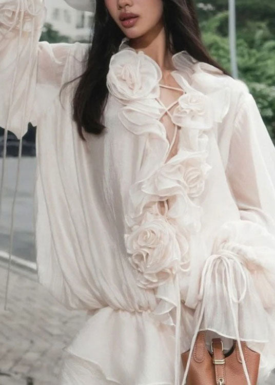 Sweet Flower Ruffled Lace Up Lantern Sleeve Dress