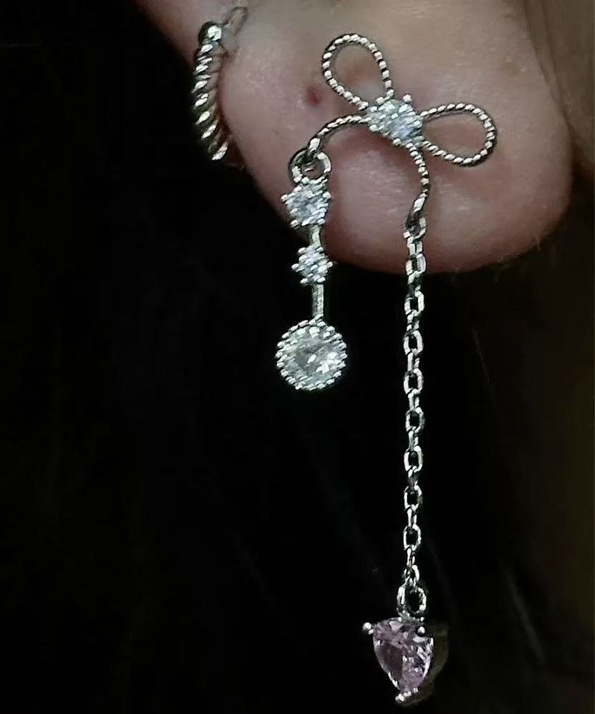 Sweet Tassel Bow Zircon Titanium Steel Stud Earrings