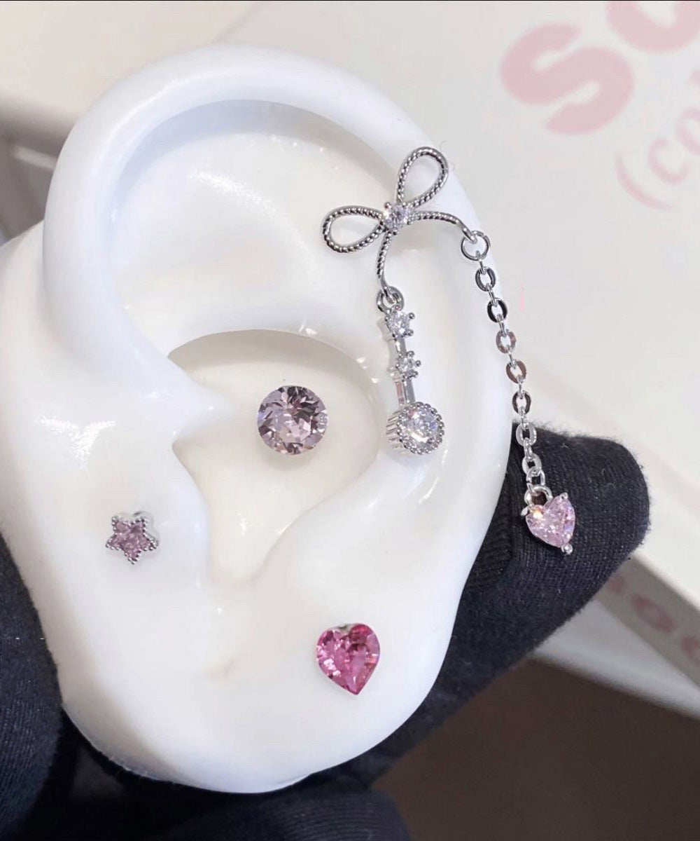 Sweet Tassel Bow Zircon Titanium Steel Stud Earrings