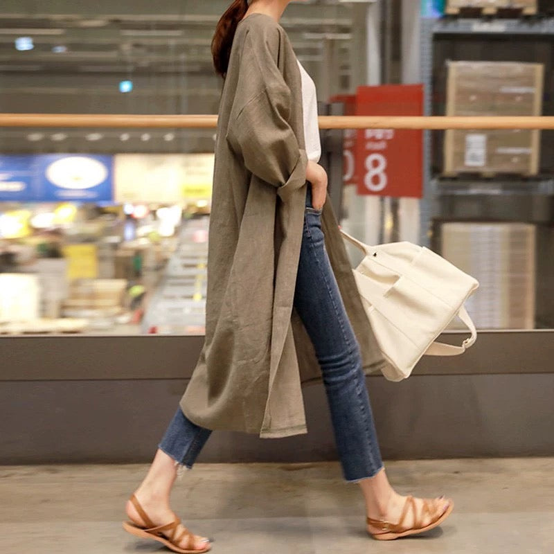 Khaki Fall Linen Maxi Cotton Coats Long Sleeve