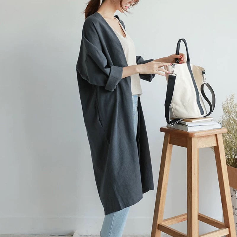 Khaki Fall Linen Maxi Cotton Coats Long Sleeve