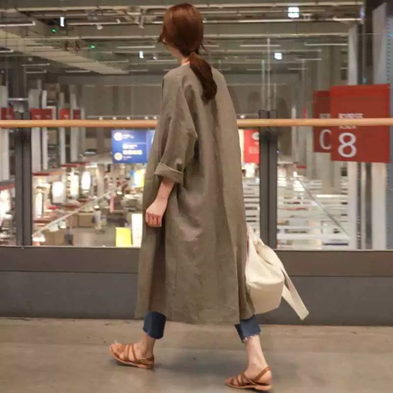 Khaki Fall Linen Maxi Cotton Coats Long Sleeve