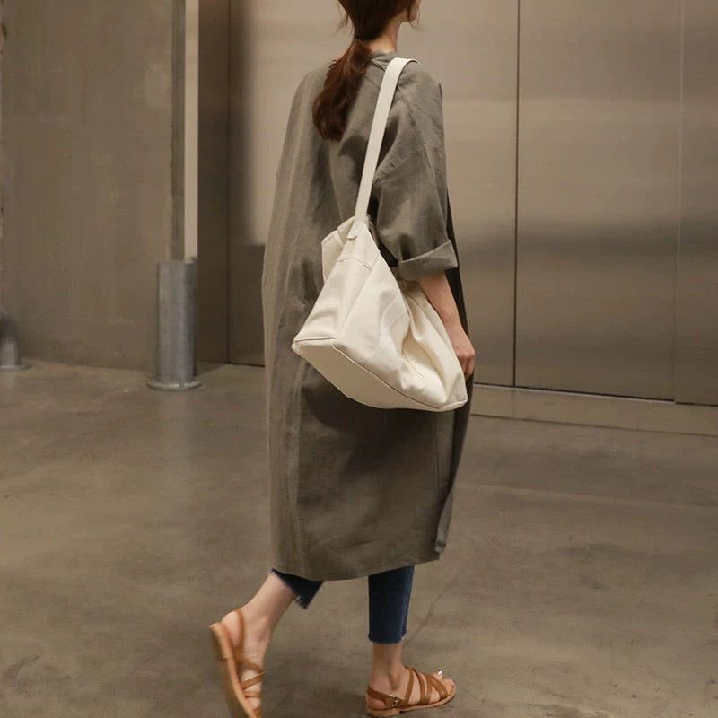 Khaki Fall Linen Maxi Cotton Coats Long Sleeve