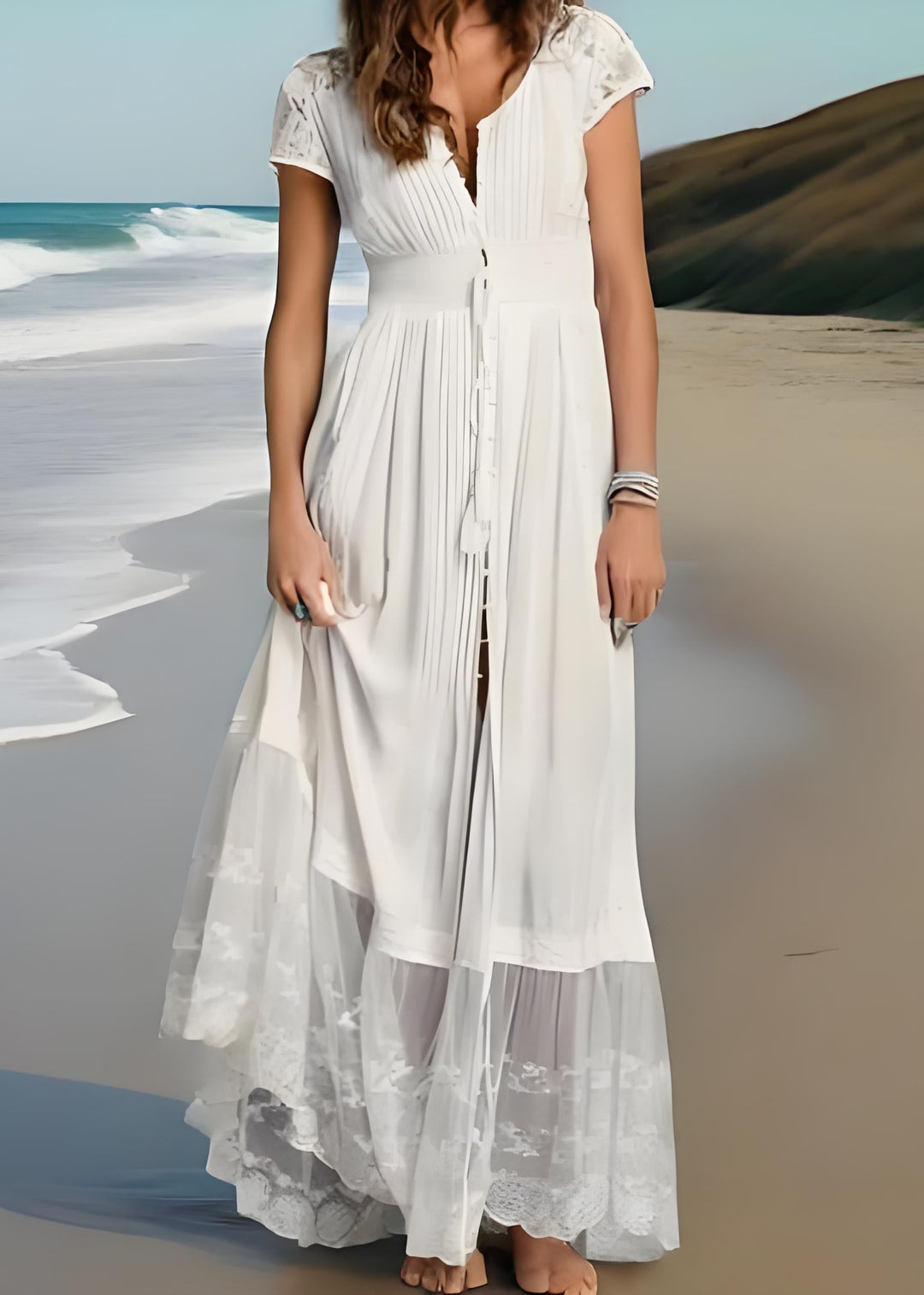 Lace Splicing Fringe Pleated Maxi Dress Short Sleeve - Omychic