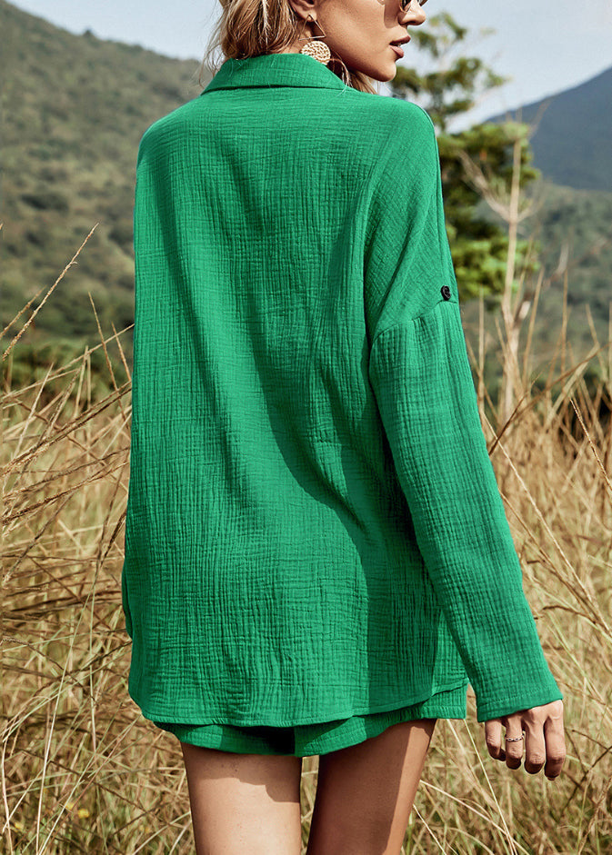 Tea Green Button Cotton Two Pieces Set Oversized Summer