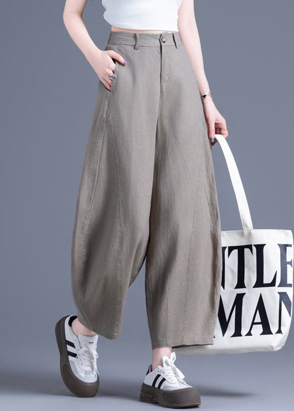 Tea Green Button Pockets Linen Wide Leg Pants High Waist