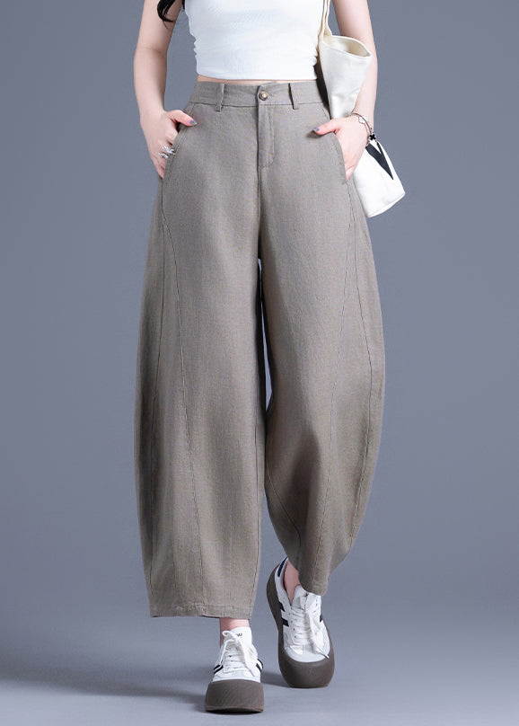 Tea Green Button Pockets Linen Wide Leg Pants High Waist