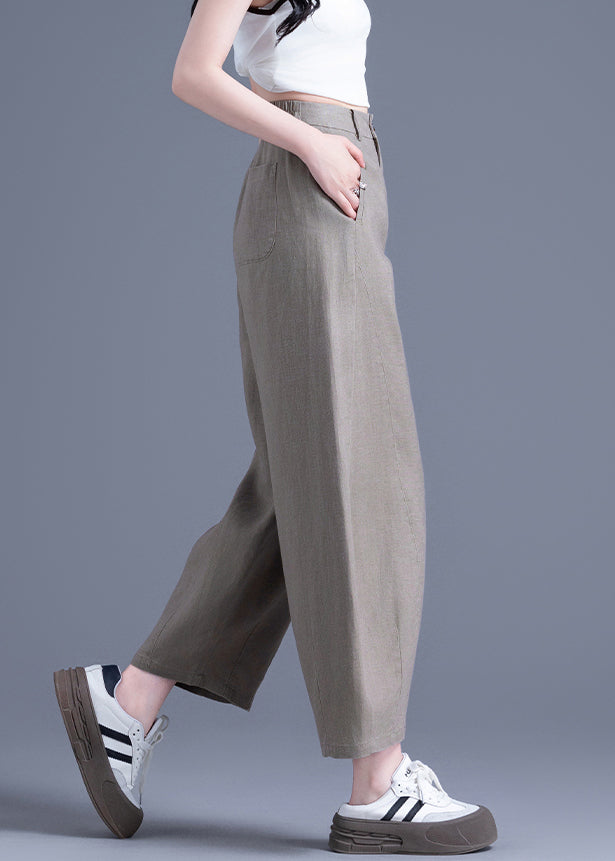 Tea Green Button Pockets Linen Wide Leg Pants High Waist