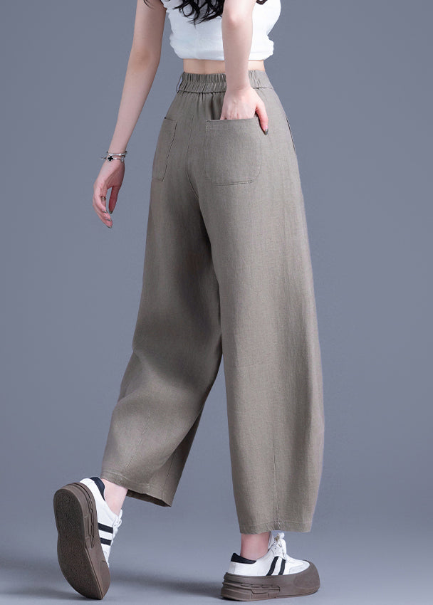 Tea Green Button Pockets Linen Wide Leg Pants High Waist