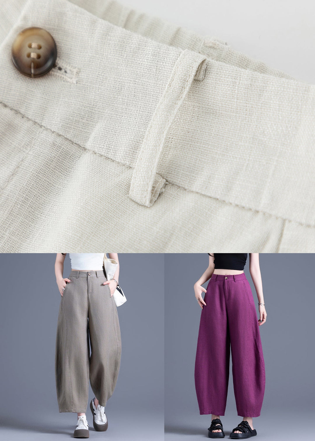 Tea Green Button Pockets Linen Wide Leg Pants High Waist