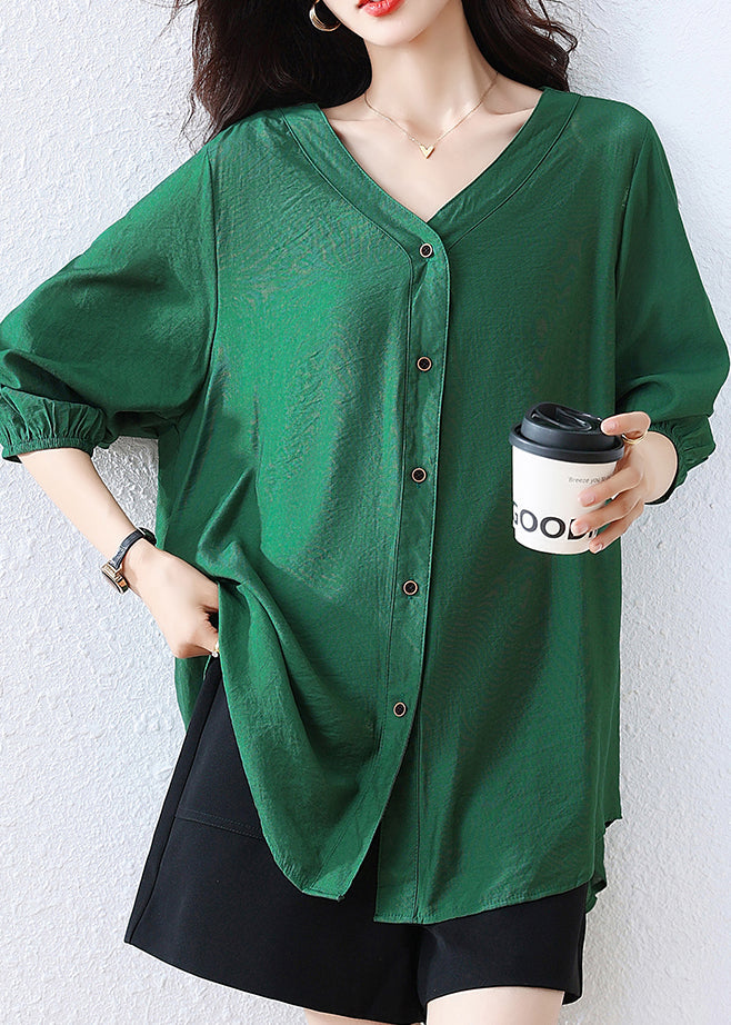 Tea Green Cotton Shirt V Neck Oversized Fall