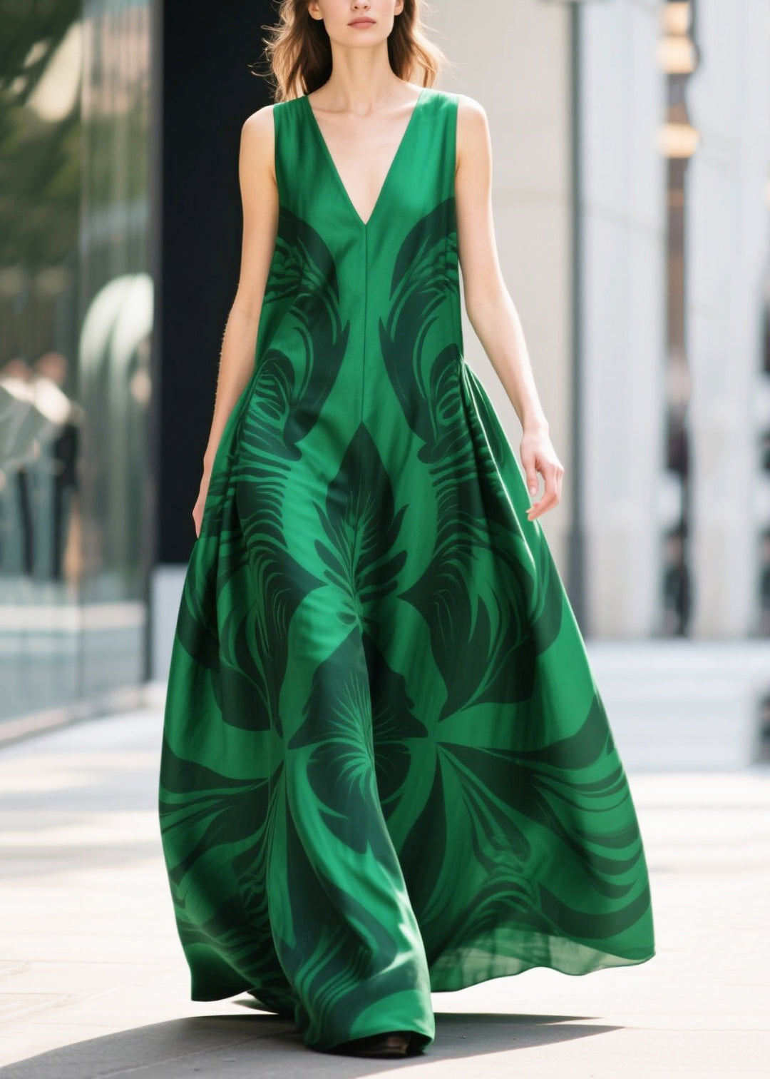 Tea Green Print Chiffon Evening Dresses Exra Large Hem Summer