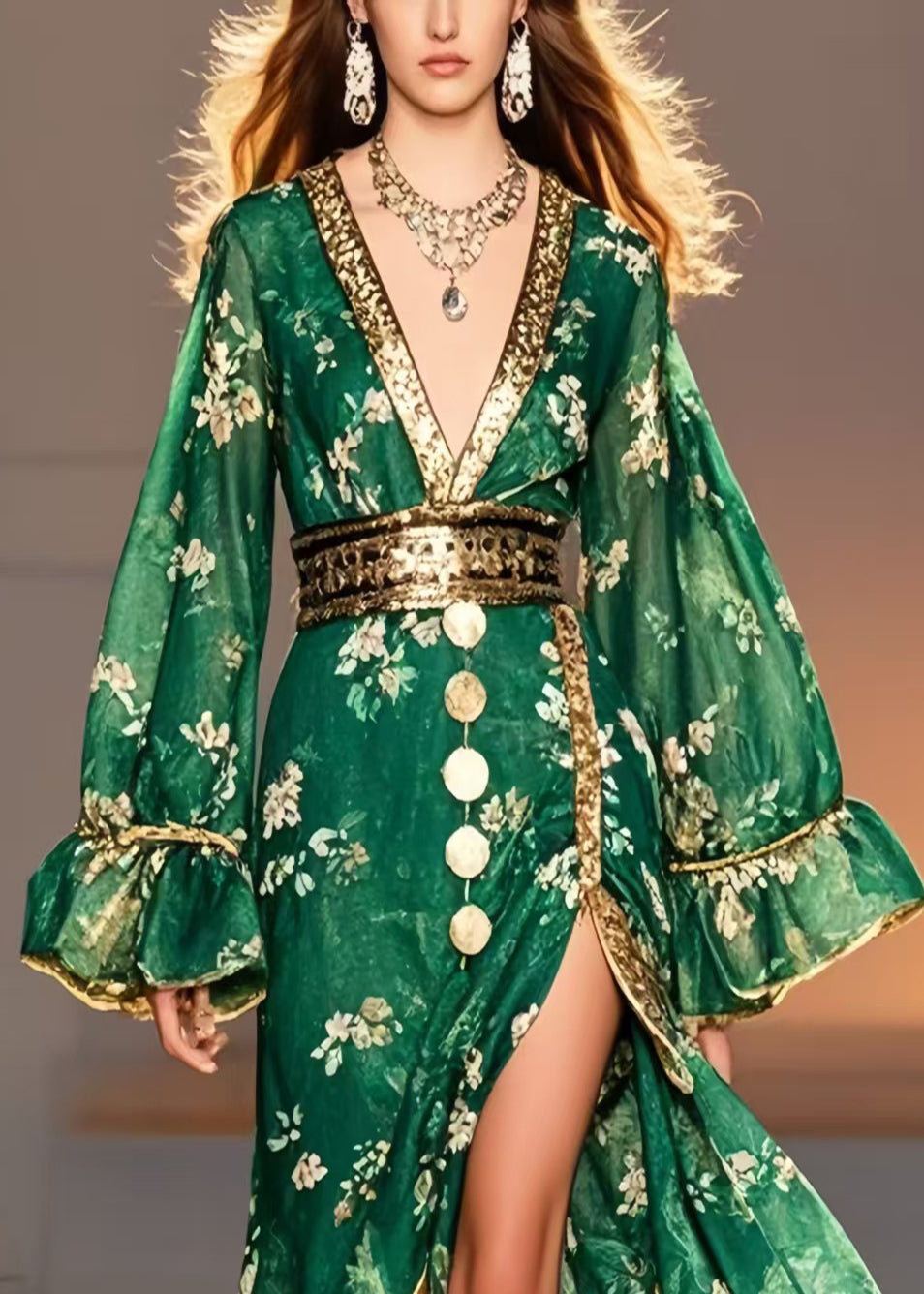 Tea Green Print Chiffon Tunic Dress Side Open Spring