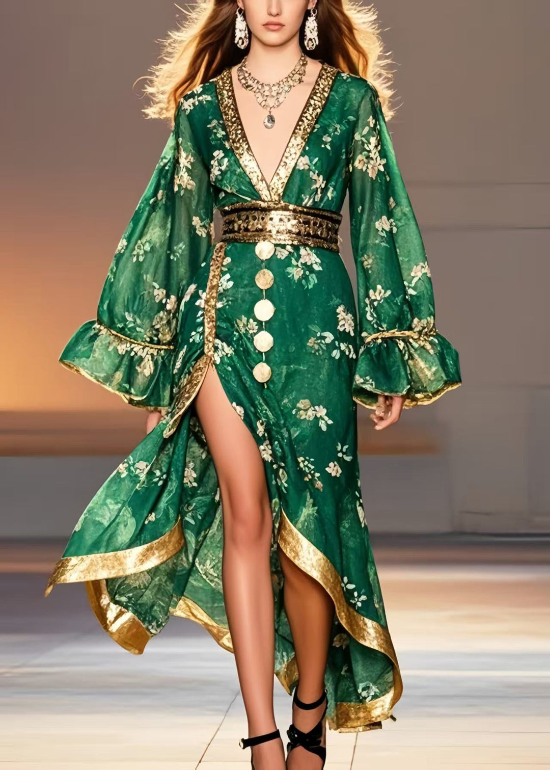 Tea Green Print Chiffon Tunic Dress Side Open Spring