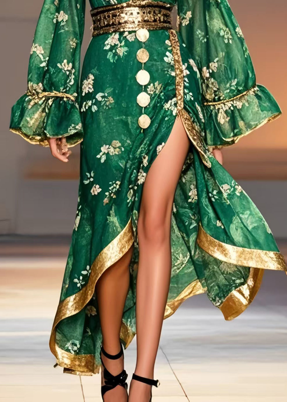 Tea Green Print Chiffon Tunic Dress Side Open Spring