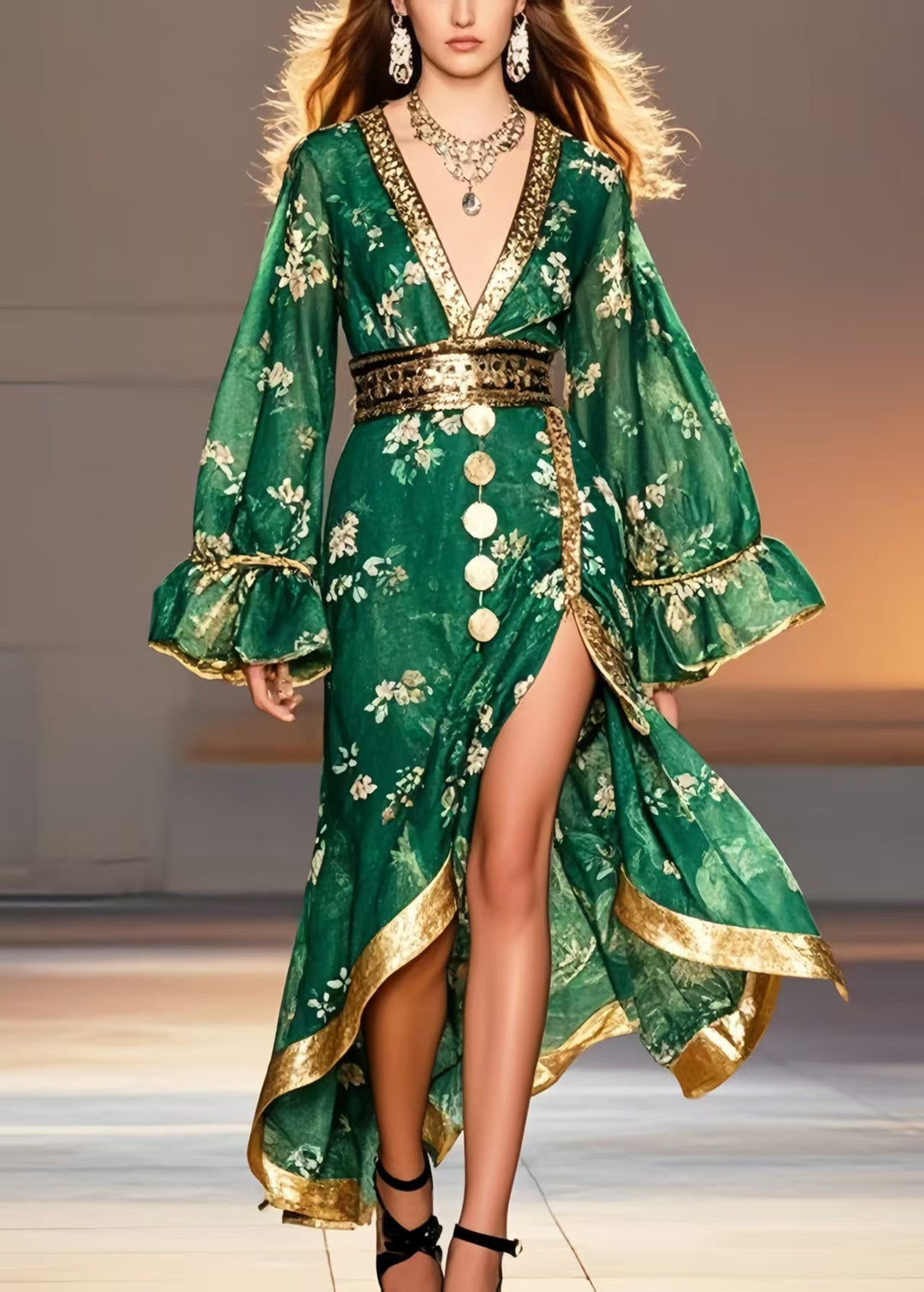 Tea Green Print Chiffon Tunic Dress Side Open Spring