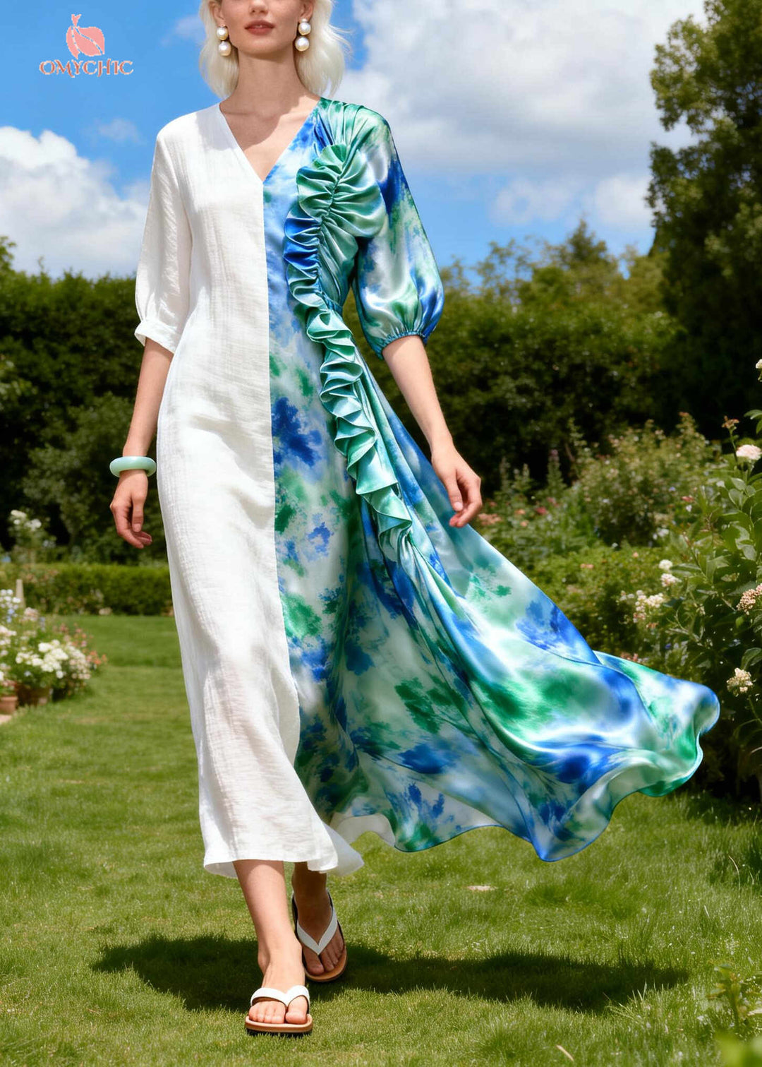 Tie Dye Patchwork Silk Vacation Dresses Ruffled Asymmetrical Design Summer