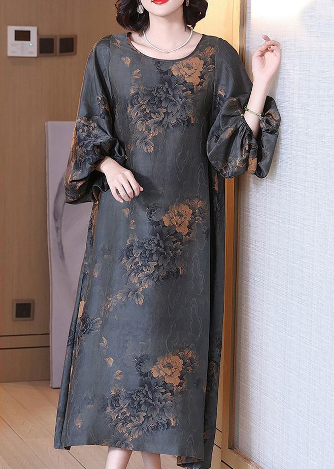 Grey O Neck Print Silk Long Dresses Summer