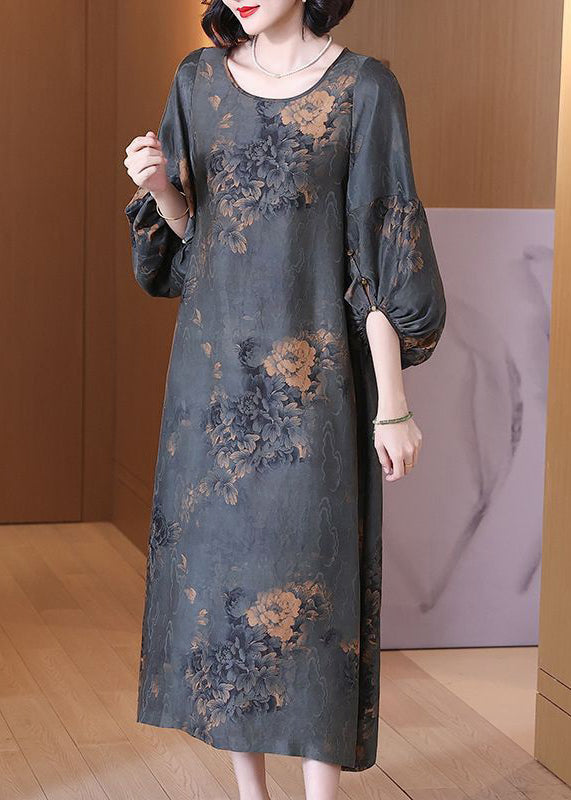 Top Quality Grey O Neck Print Silk Long Dresses Summer