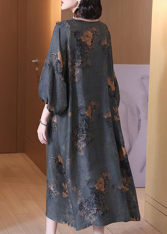 Top Quality Grey O Neck Print Silk Long Dresses Summer