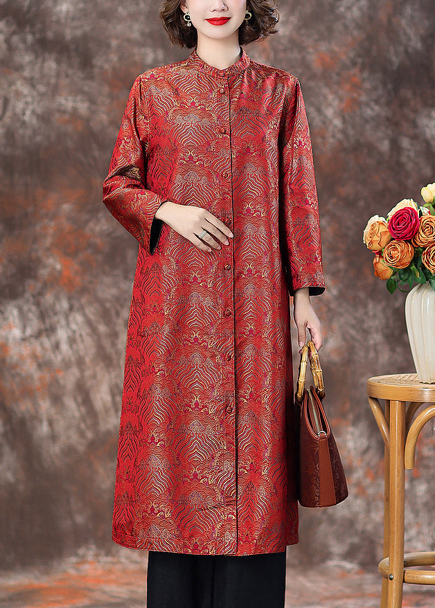 Top Quality Red Stand Collar Button Silk Coats Spring