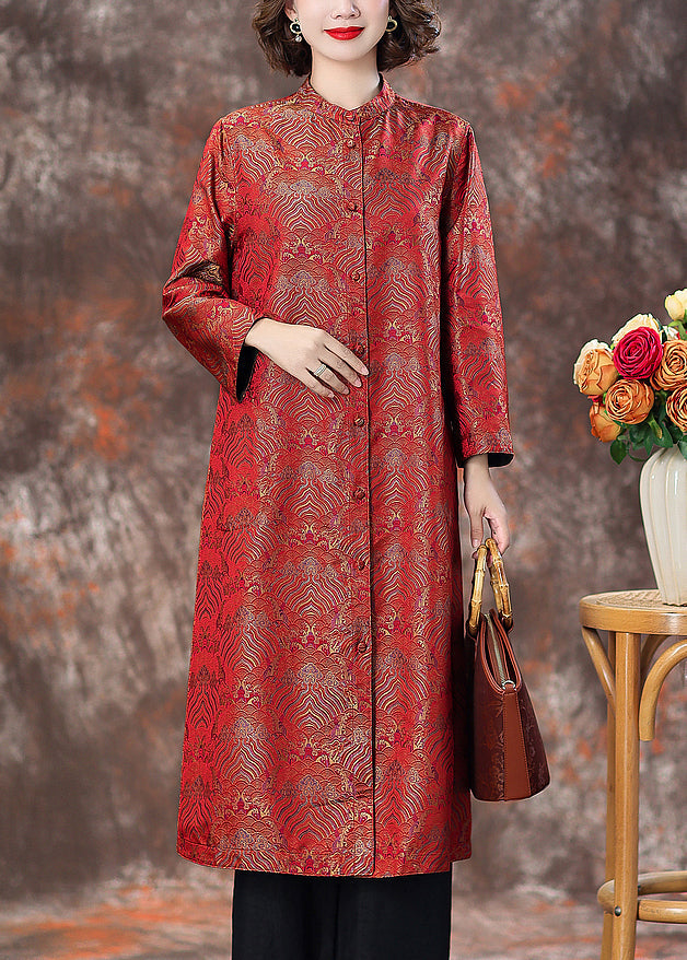 Red Stand Collar Button Silk Coats Spring