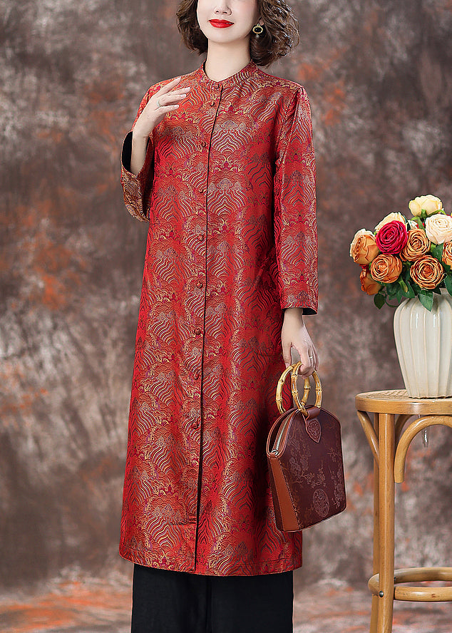 Red Stand Collar Button Silk Coats Spring