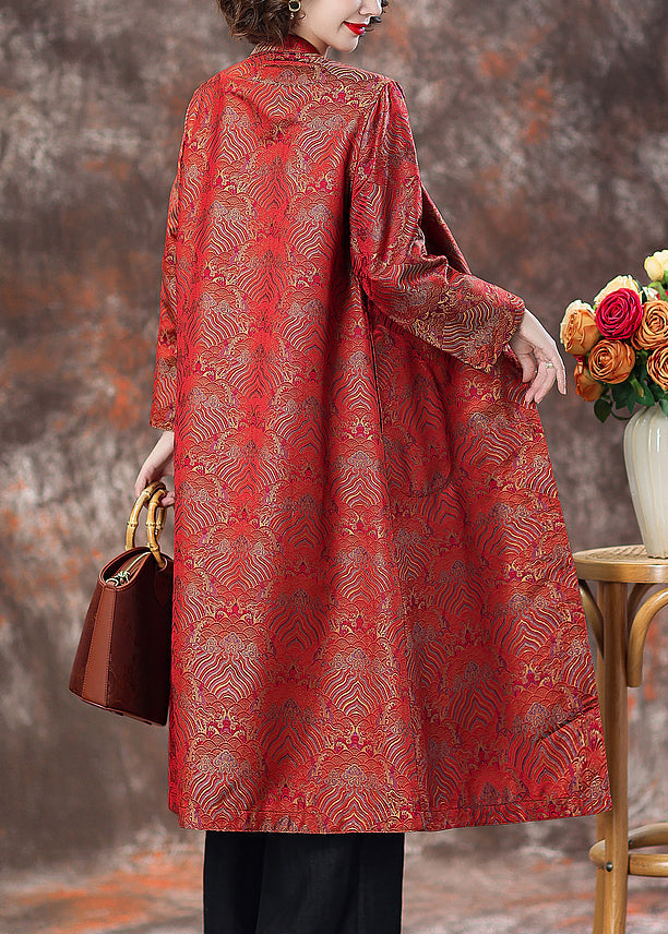 Red Stand Collar Button Silk Coats Spring