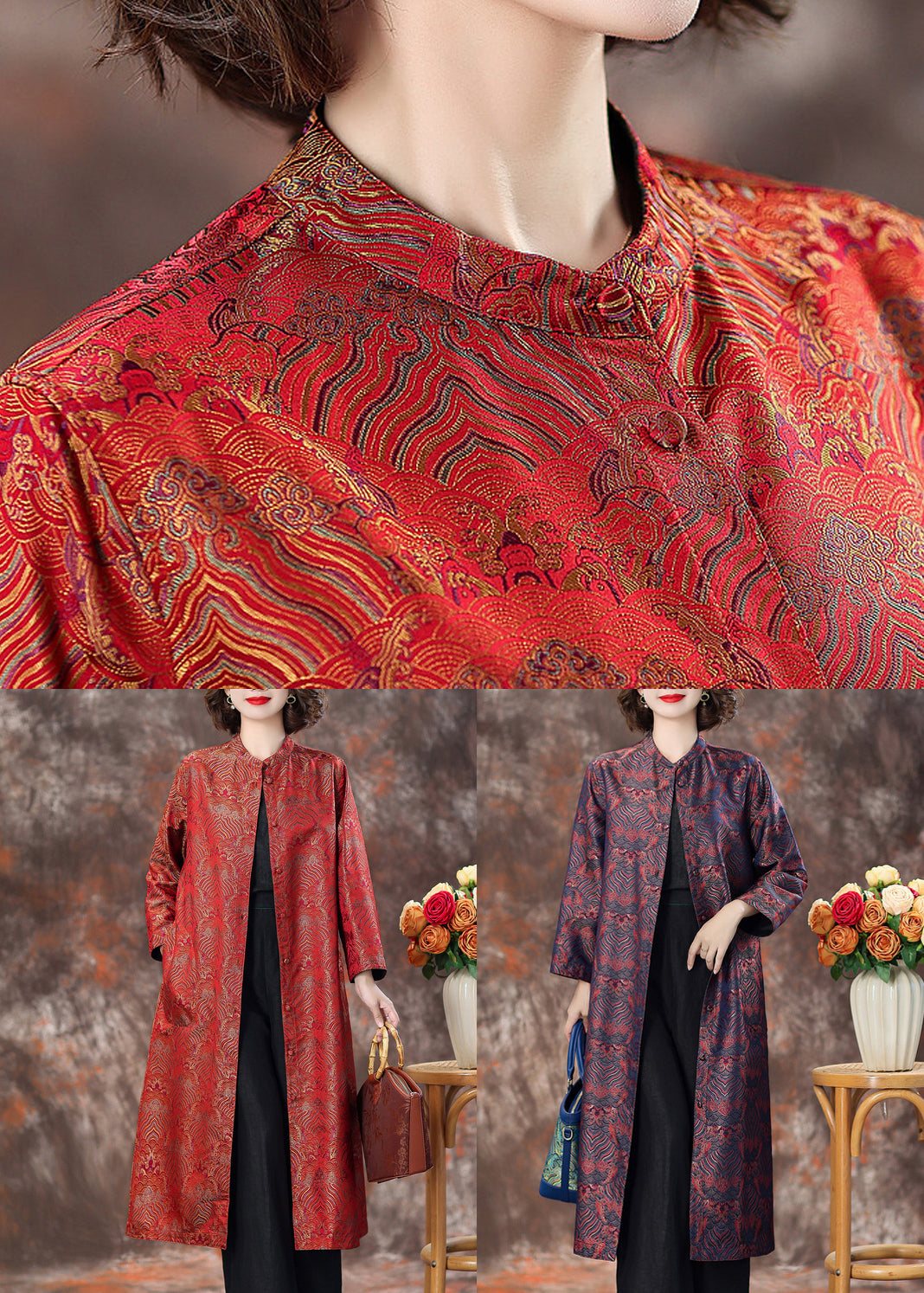 Top Quality Red Stand Collar Button Silk Coats Spring