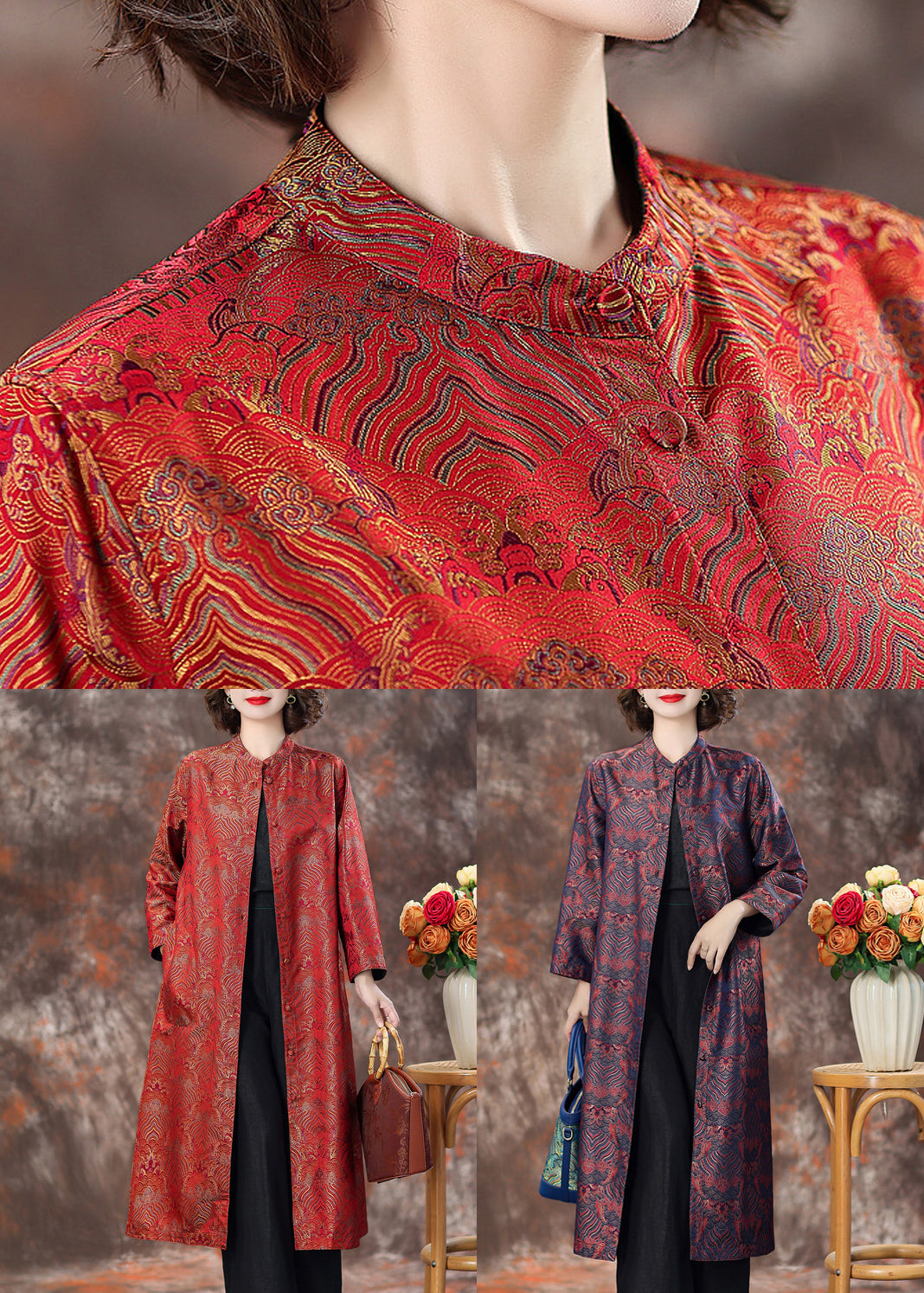 Red Stand Collar Button Silk Coats Spring