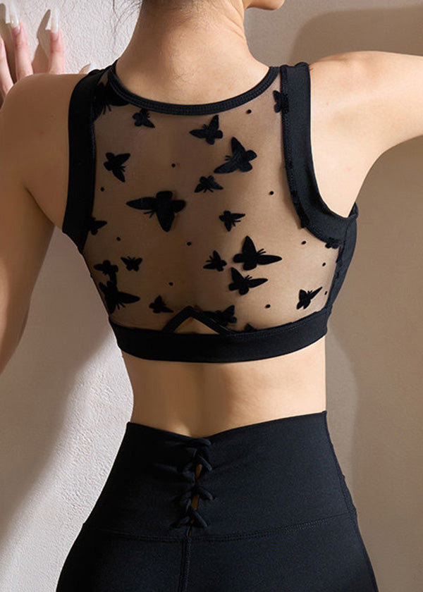 Trendy Black Butterfly Tulle Patchwork Tank Tops Workout