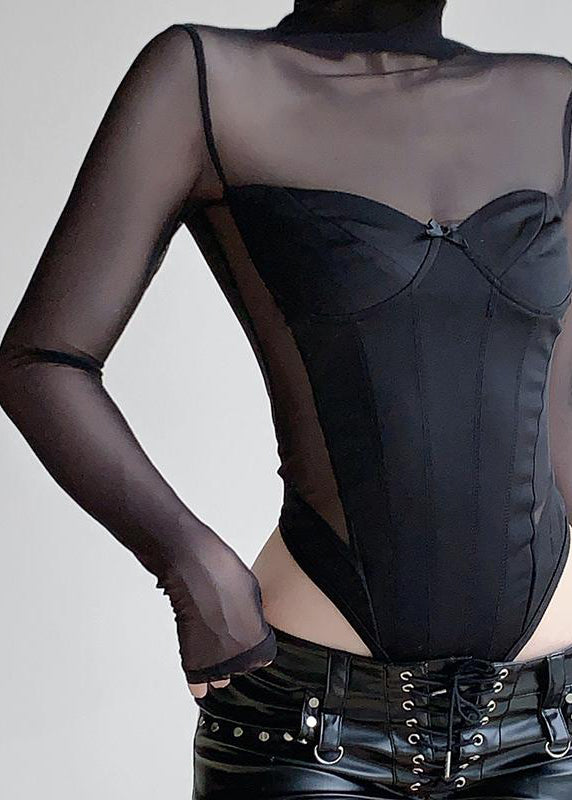 Trendy Black Turtleneck Tulle Bodysuit