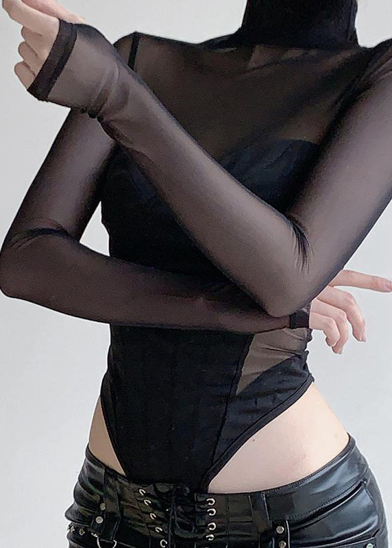 Trendy Black Turtleneck Tulle Bodysuit