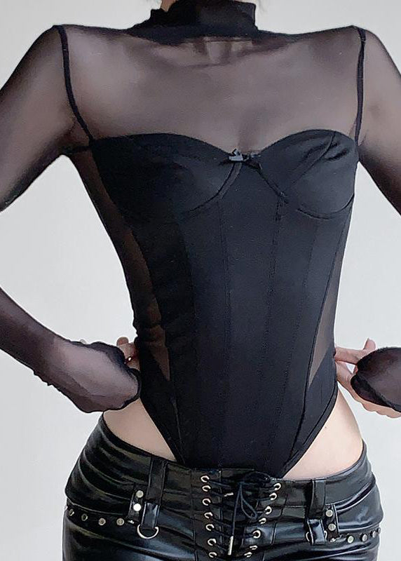 Trendy Black Turtleneck Tulle Bodysuit