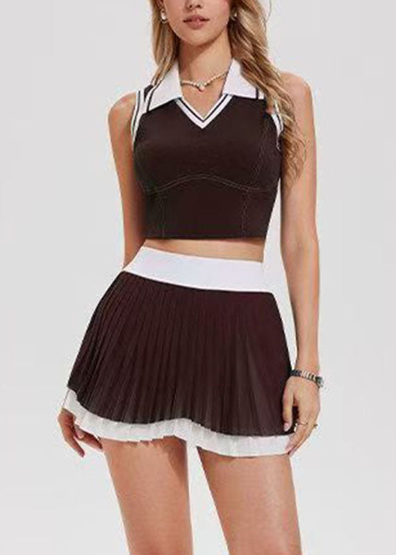 Trendy Brown Striped Patchwork Tennis Sportswear Two-Piece Set Summer