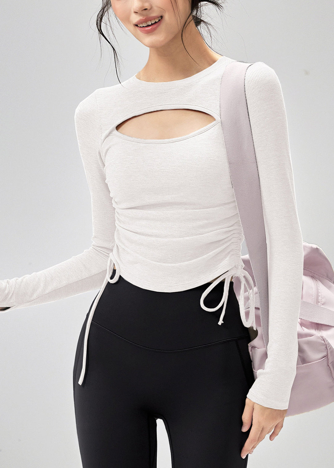 Trendy Grey Hollow Out Drawstring Sports Top