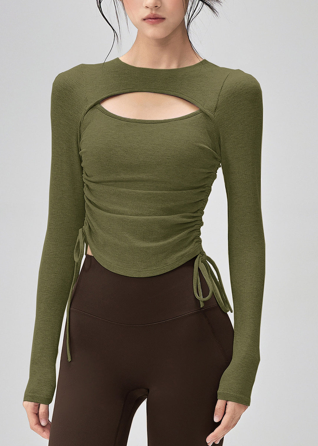 Trendy Grey Hollow Out Drawstring Sports Top