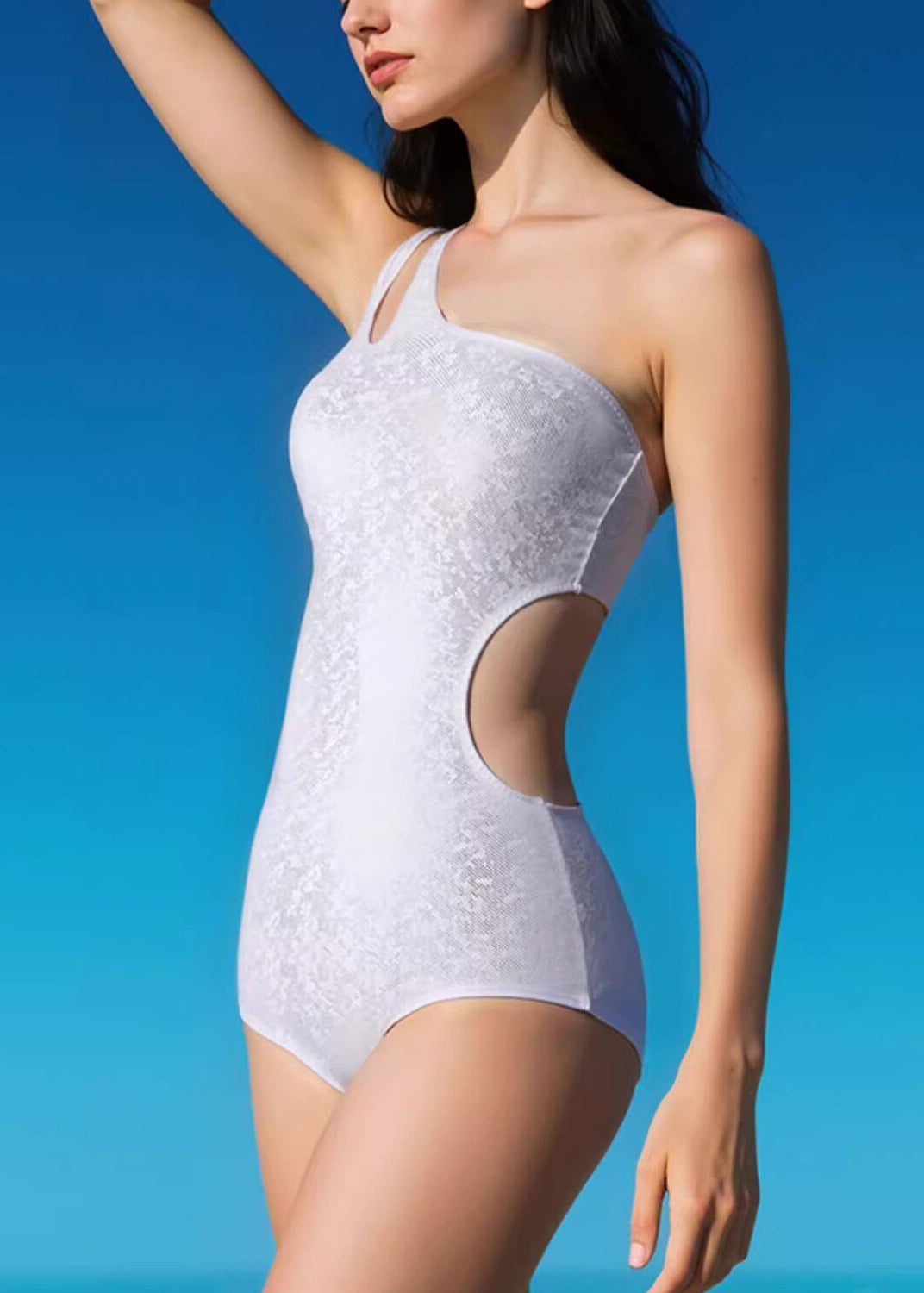 Trendy White One Shoulder Patchwork Bodysuit Swimwear
