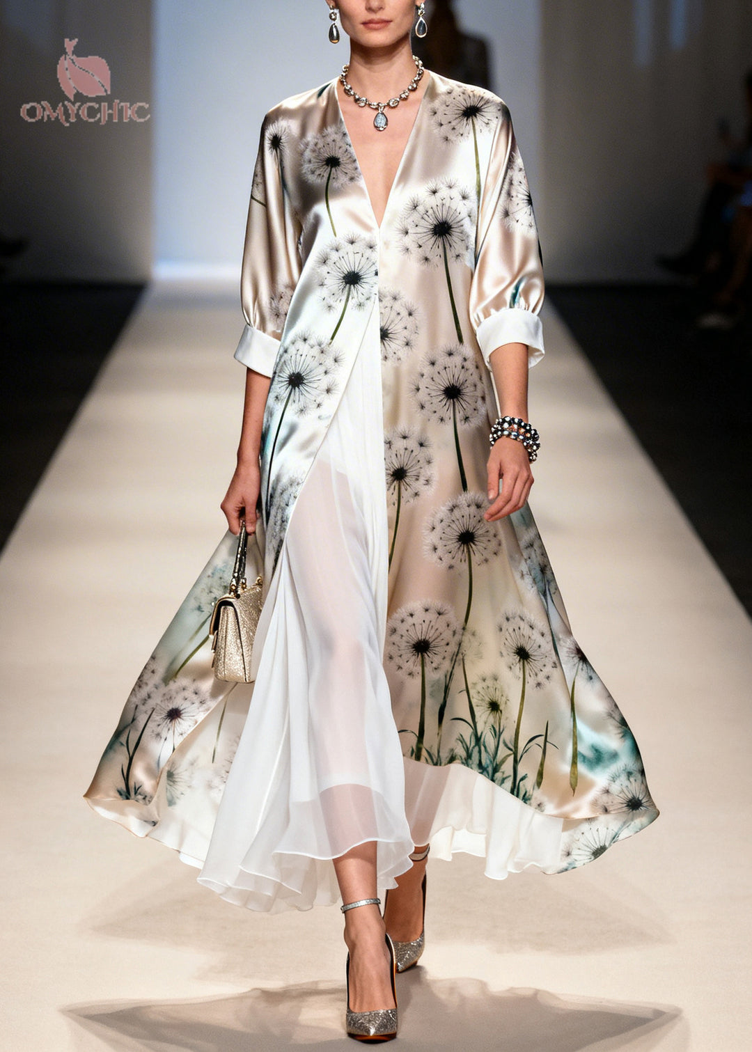Unique Apricot Dandelion Print Chiffon Fake Two Piece Dress Summer