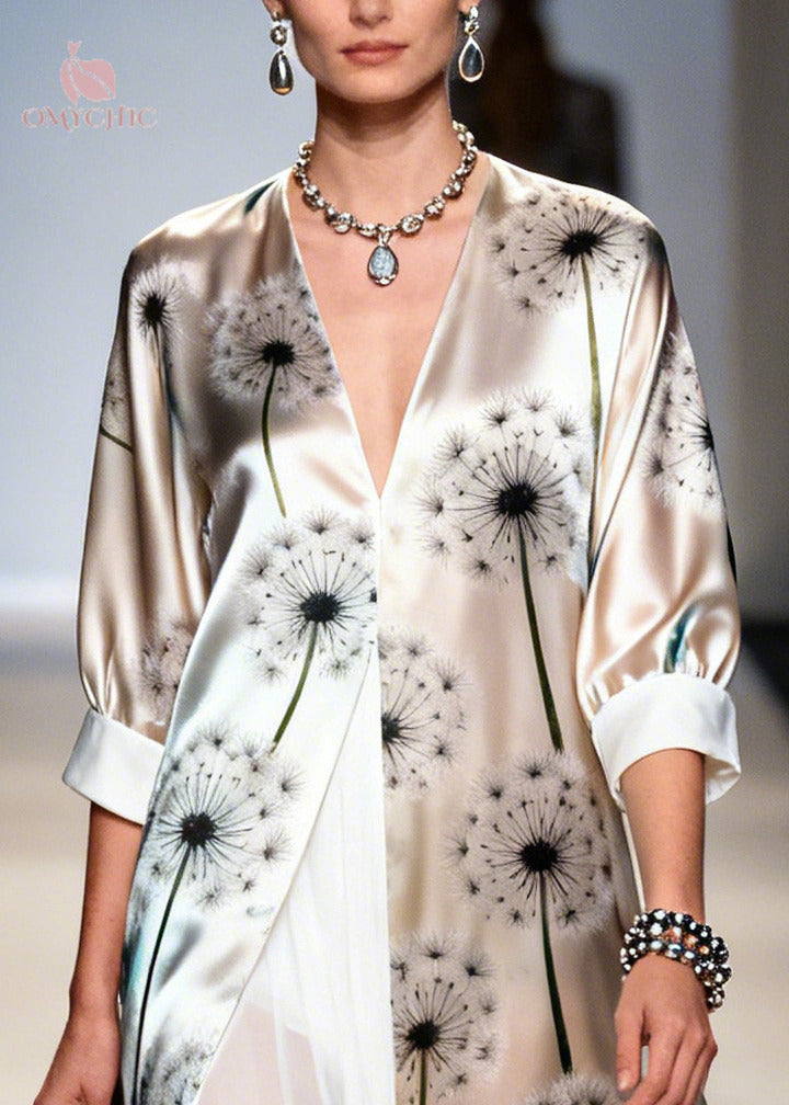 Unique Apricot Dandelion Print Chiffon Fake Two Piece Dress Summer