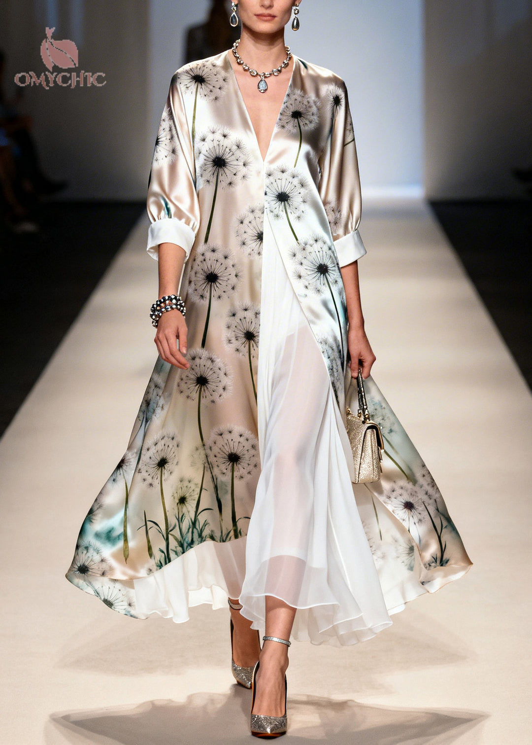 Unique Apricot Dandelion Print Chiffon Fake Two Piece Dress Summer