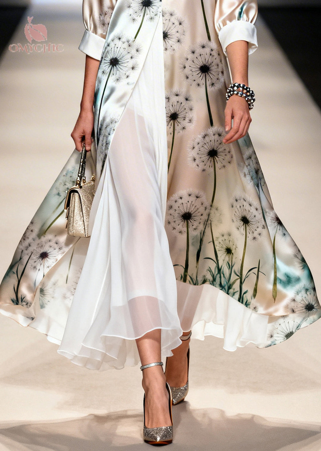 Unique Apricot Dandelion Print Chiffon Fake Two Piece Dress Summer