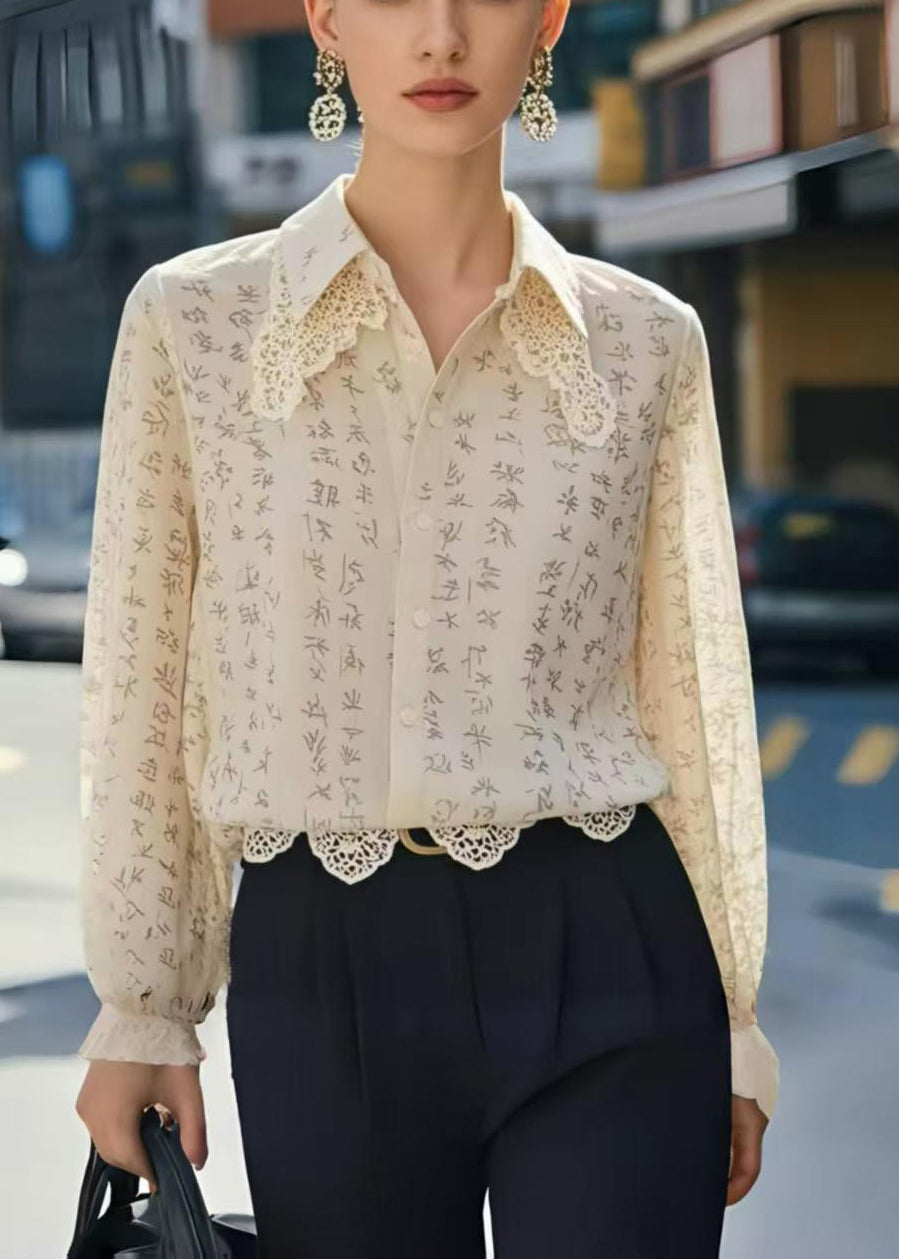 Unique Apricot Double-layer Patchwork Lace Chiffon Shirt Top Spring