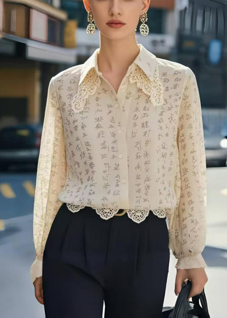 Unique Apricot Double-layer Patchwork Lace Chiffon Shirt Top Spring