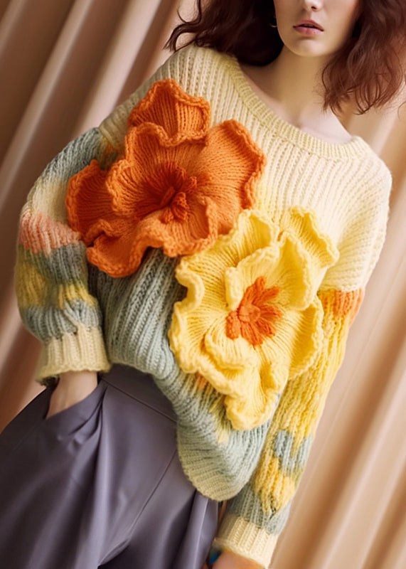 Unique Apricot Floral Cozy Cotton Knit Sweaters Long Sleeve