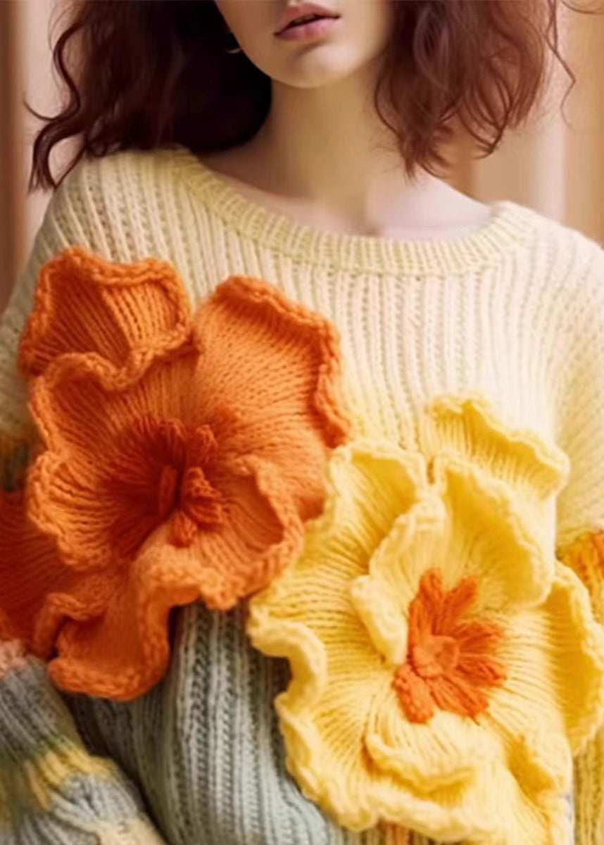 Unique Apricot Floral Cozy Cotton Knit Sweaters Long Sleeve