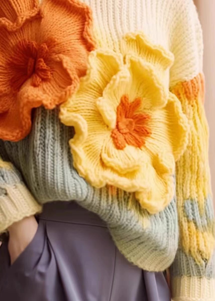 Unique Apricot Floral Cozy Cotton Knit Sweaters Long Sleeve